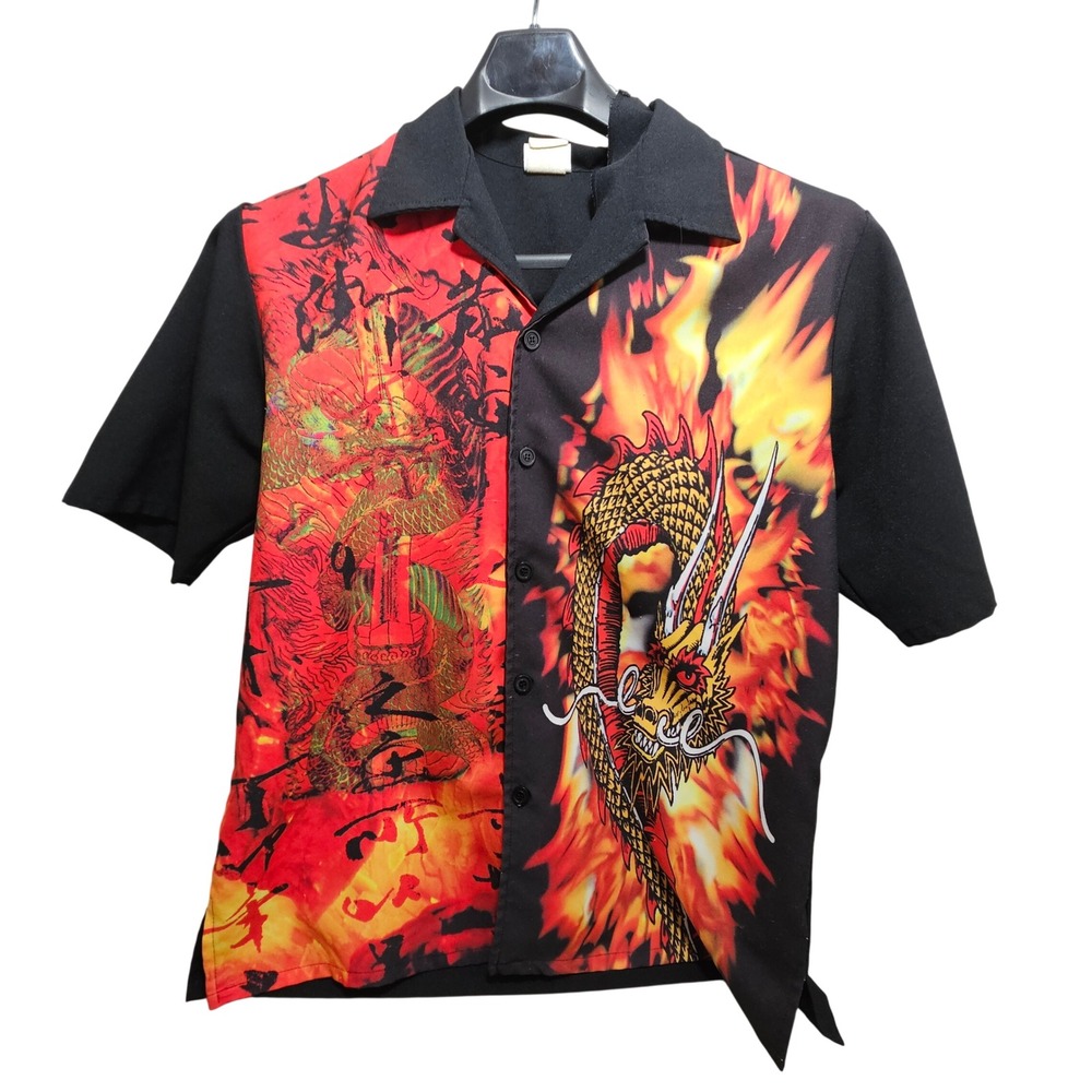 Vintage Wooden Dog Dragon Flame Shirt Mens Large Black Red Good Y2K Streetwear *